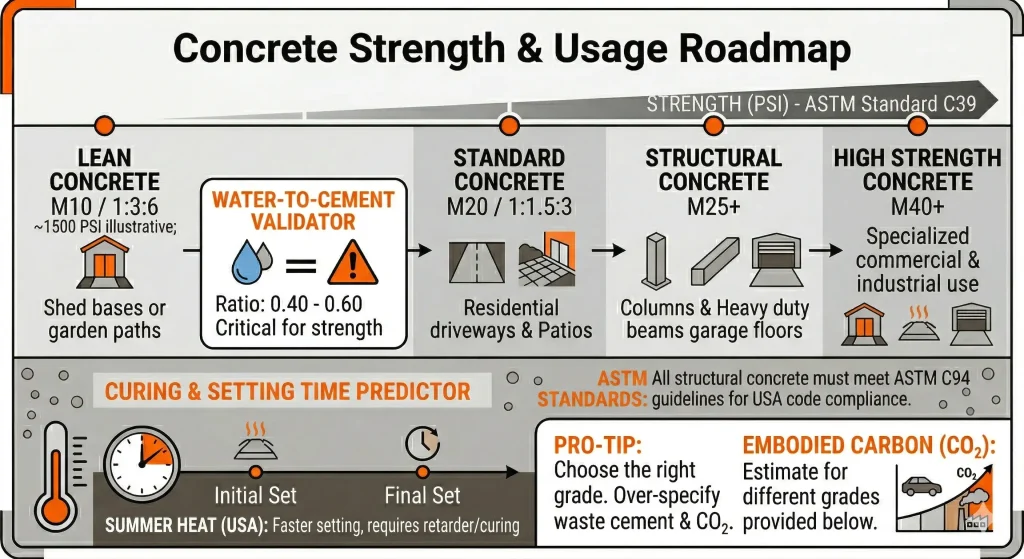 An infographic on concrete strength and usage roadmap
