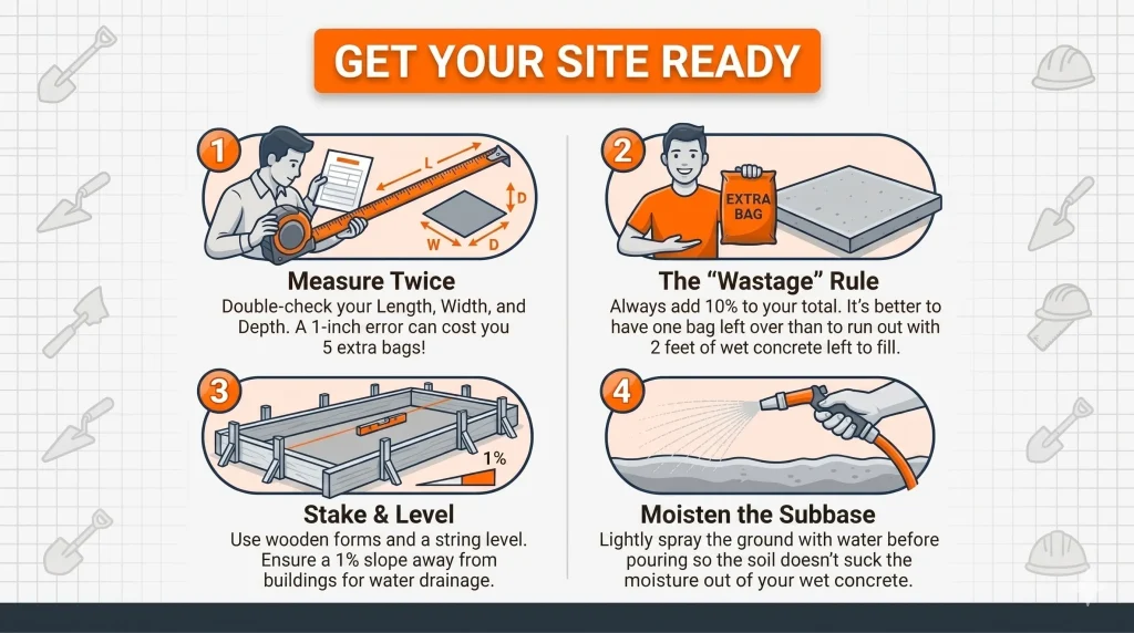 A four-step visual guide for preparing a job site for a concrete pour. The infographic outlines the following steps: 1) Measure Twice (checking Length, Width, and Depth); 2) The "Wastage" Rule (adding 10% extra); 3) Stake & Level (using wooden forms for 1% slope drainage); and 4) Moisten the Subbase (lightly spraying the ground with water).