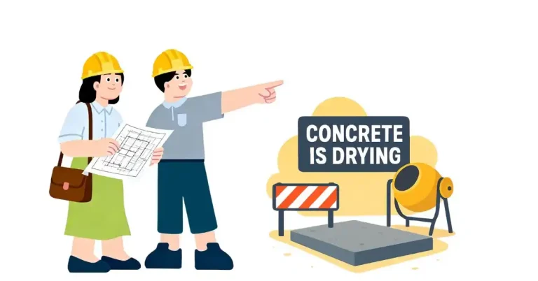 Flat vector illustration of two construction workers in yellow hard hats looking at a fresh concrete slab. One worker holds a blueprint while the other points toward a "CONCRETE IS DRYING" sign. A small cement mixer and a safety barrier stand next to the curing concrete slab. Content for cconcretecalculator.com.