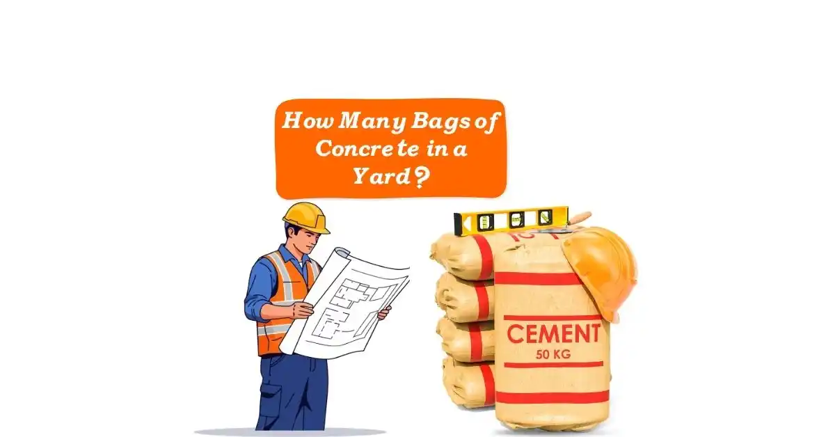 Image Title Bags of Concrete Per Yard Guide: Calculator for 50kg, 80lb, and 60lb Bags Alt Text Graphic illustration titled "How Many Bags of Concrete in a Yard?" showing a male construction worker in a safety vest and hard hat reviewing blueprints. Next to him is a stack of 50 KG cement bags with a spirit level on top. Minimalist design for cconcretecalculator.com focused on material estimation.