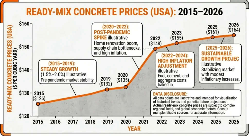 A graph showing ready-mix concrete price in USA 2015 to 2026